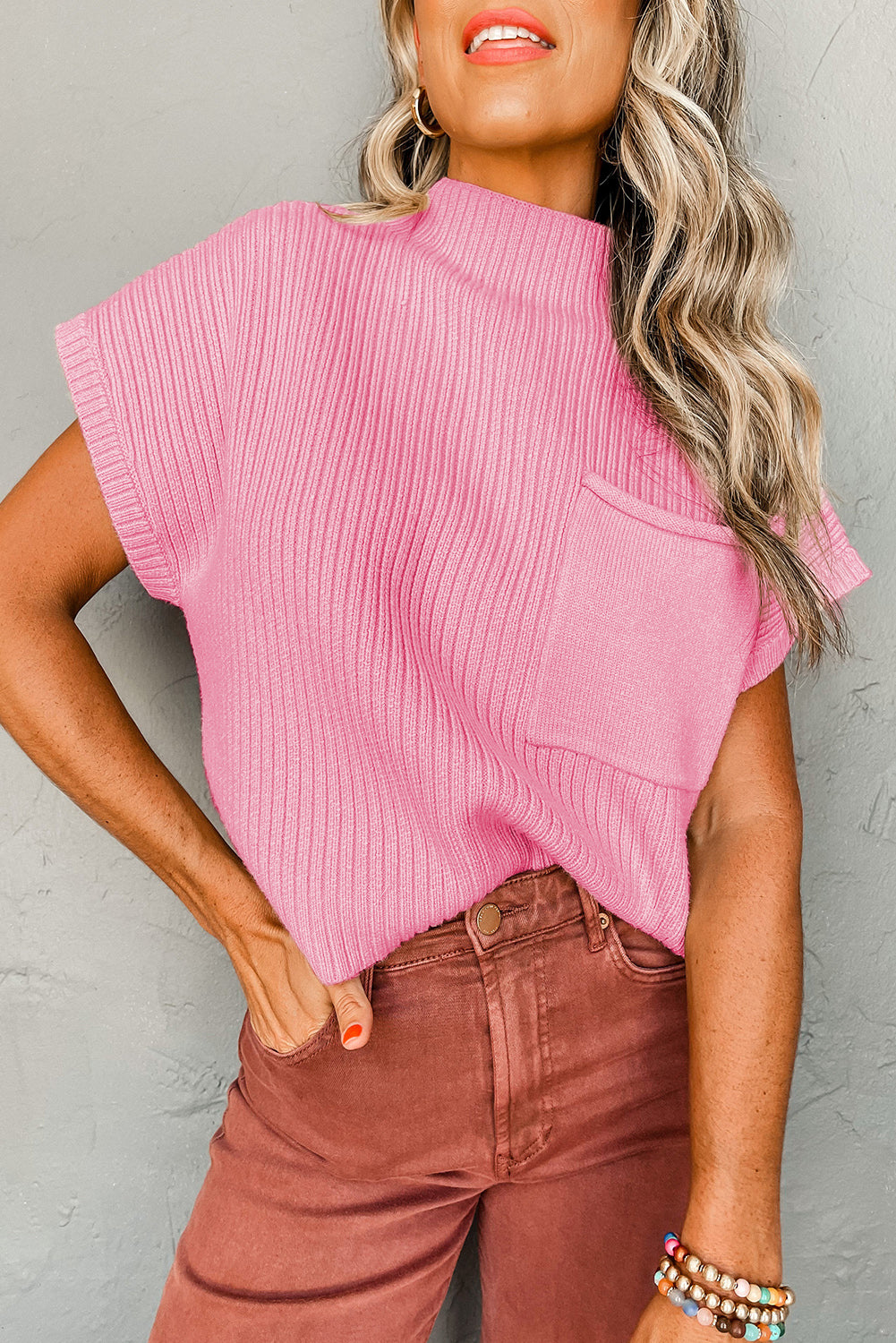Mommas Hive oatmeal ribbed knit short sleeve sweater with patch pocket, made from viscose, polyester, and polyamide.
