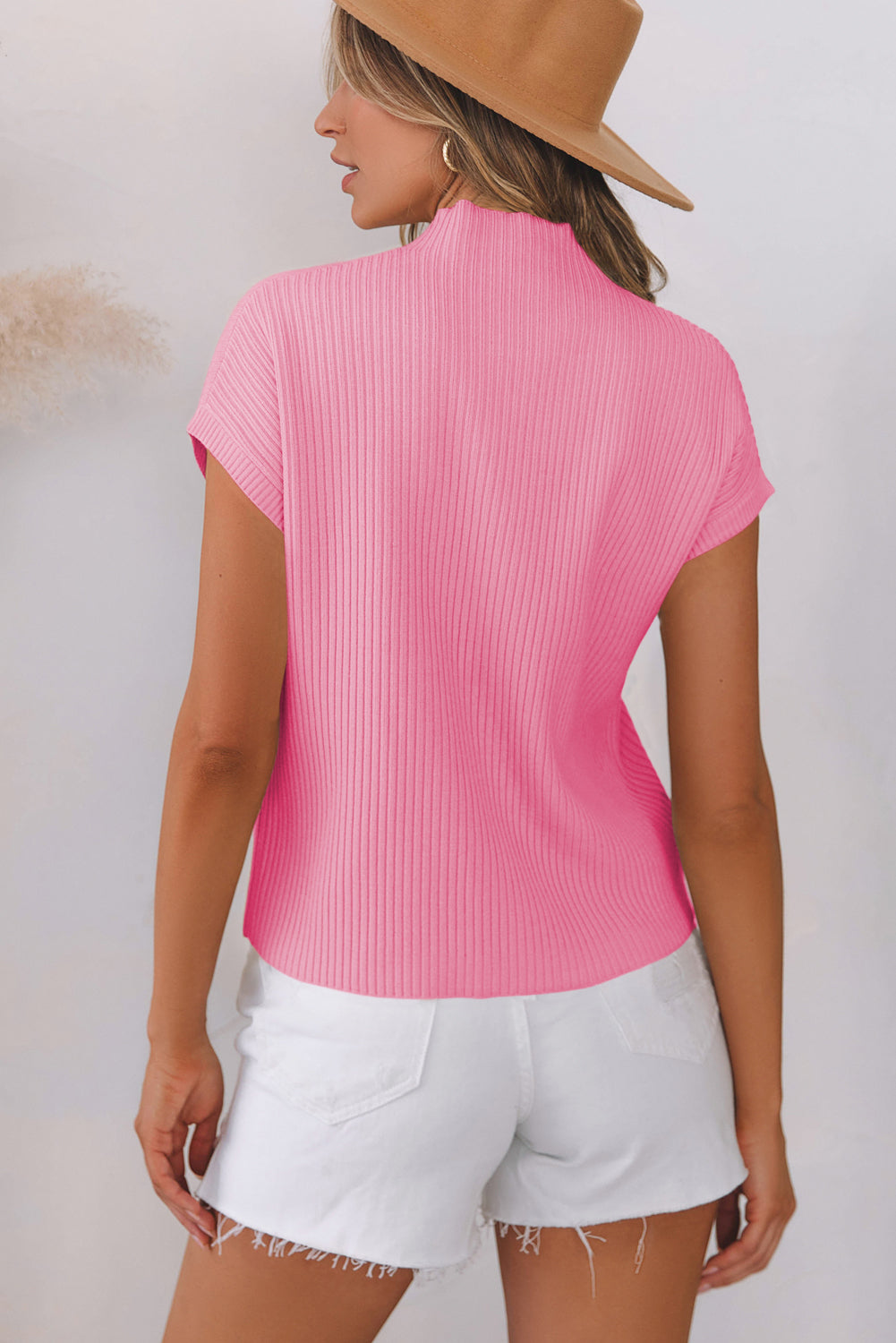 Mommas Hive oatmeal ribbed knit short sleeve sweater with patch pockets, casual knitwear for women.