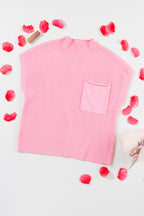 Mommas Hive oatmeal ribbed knit short sleeve sweater with patch pocket, made of viscose, polyester, and polyamide fabric.