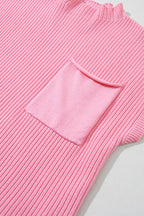 Mommas Hive oatmeal ribbed knit short sleeve sweater with patch pockets, lightweight and cozy for casual wear.