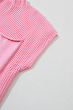 Mommas Hive oatmeal ribbed knit short sleeve sweater with patch pocket, casual style, lightweight short sleeve knit top.