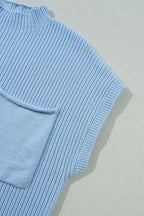 Mommas Hive oatmeal ribbed knit short sleeve sweater with patch pocket, stylish and cozy for casual wear.