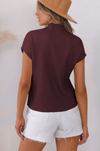 Mommas Hive oatmeal ribbed knit short sleeve sweater with patch pocket, made of viscose, polyester, and polyamide fibers.