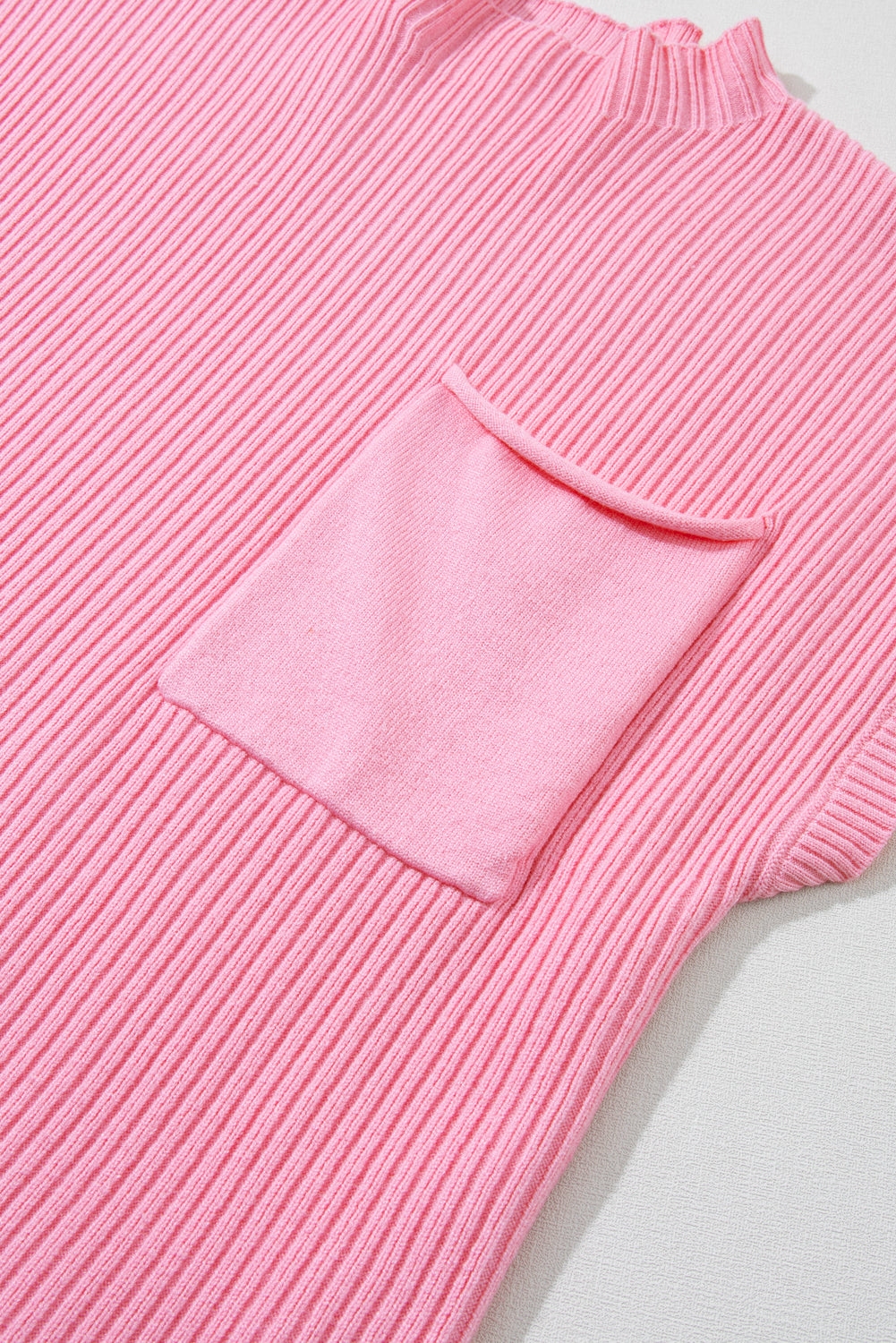 Mommas Hive oatmeal ribbed knit short sleeve sweater with patch pockets, featuring a cozy, casual design.