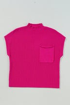Mommas Hive oatmeal ribbed knit short sleeve sweater with patch pocket, made of viscose, polyester, and polyamide fabric.