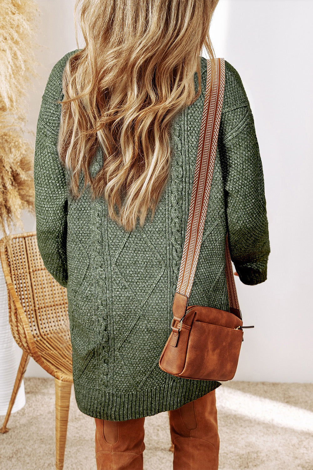 Mist green cable knit sweater dress with drop shoulders and loose fit from Mommas Hive, made of polyester, ideal for casual wear.