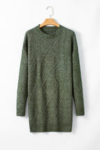 Mommas Hive mist green cable knit sweater dress with drop shoulder, loose fit, and long sleeves, made of polyester fabric.