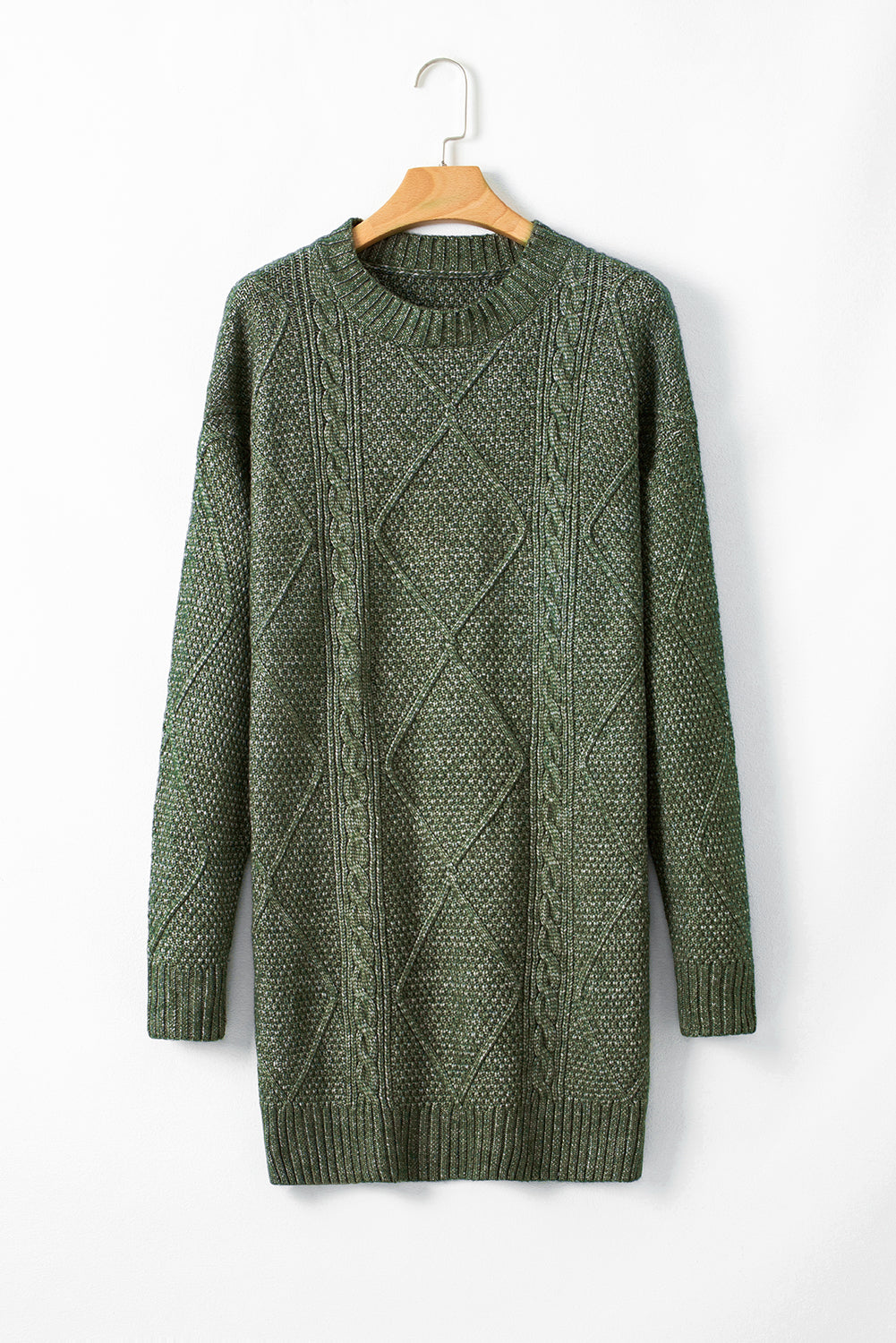 Mommas Hive mist green cable knit sweater dress with drop shoulder, loose fit, and long sleeves, made of polyester fabric.