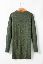 Mommas Hive mist green cable knit sweater dress with drop shoulder, loose fit, polyester, ideal for cozy casual wear.