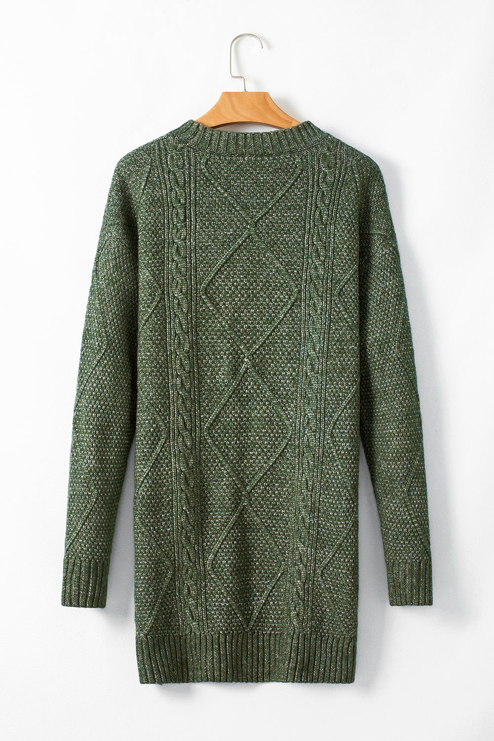 Mommas Hive mist green cable knit sweater dress with drop shoulder, loose fit, polyester, ideal for cozy casual wear.
