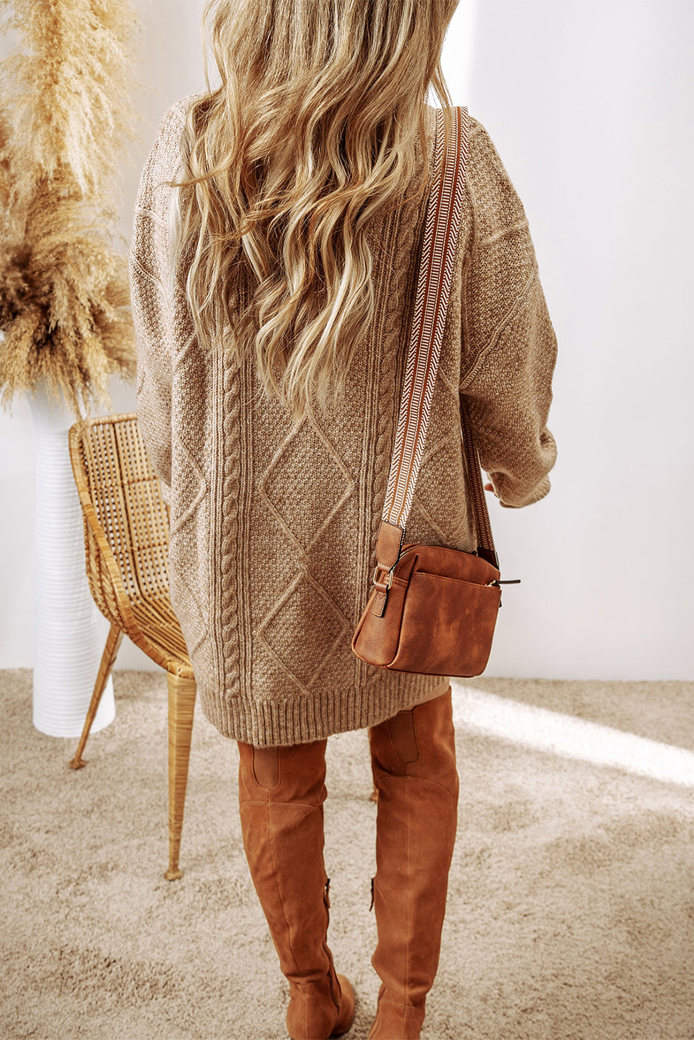 Mommas Hive Mist Green cable knit sweater dress with drop shoulder, loose fit, made from polyester, perfect for cozy, casual wear.