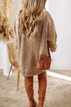 Mommas Hive Mist Green cable knit sweater dress with drop shoulder, loose fit, made from polyester, perfect for cozy, casual wear.