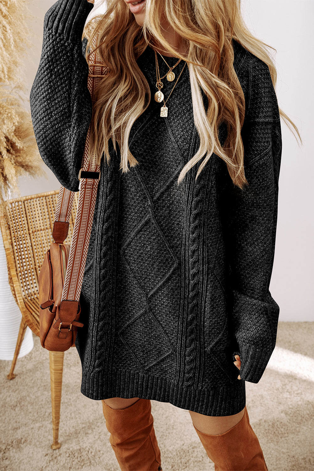 Mist green cable knit sweater dress by Mommas Hive featuring drop shoulders and a loose fit, made of polyester.
