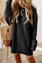 Mist green cable knit sweater dress by Mommas Hive featuring drop shoulders and a loose fit, made of polyester.