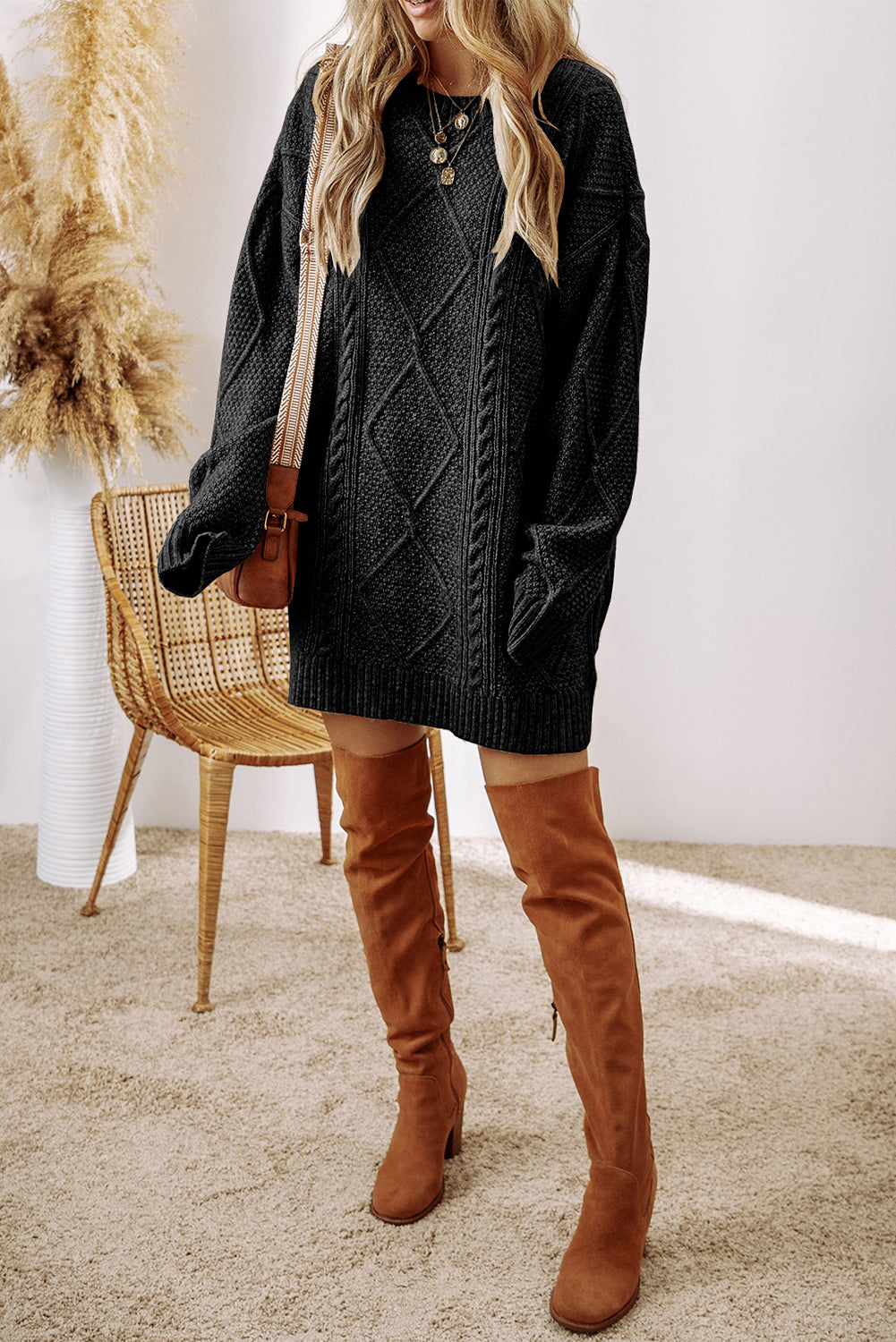 Mommas Hive mist green cable knit drop shoulder sweater dress with loose fit, made of polyester, perfect for cozy style.