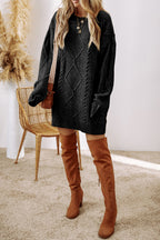 Mommas Hive mist green cable knit drop shoulder sweater dress with loose fit, made of polyester, perfect for cozy style.