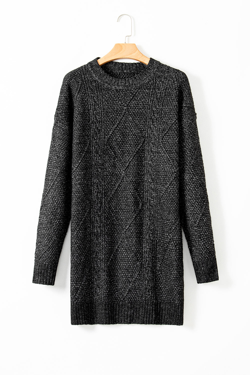 Mommas Hive mist green cable knit sweater dress with drop shoulders and loose fit, perfect as a cozy, stylish sweater dress.