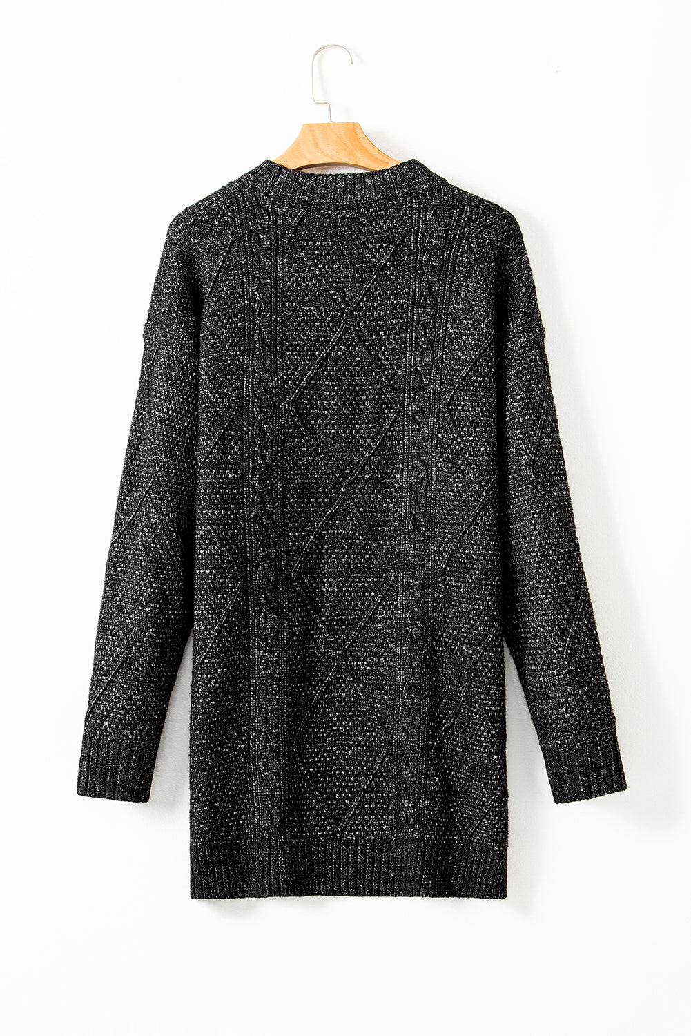 Mist green cable knit sweater dress by Mommas Hive featuring drop shoulder, loose fit, and cozy knit texture.