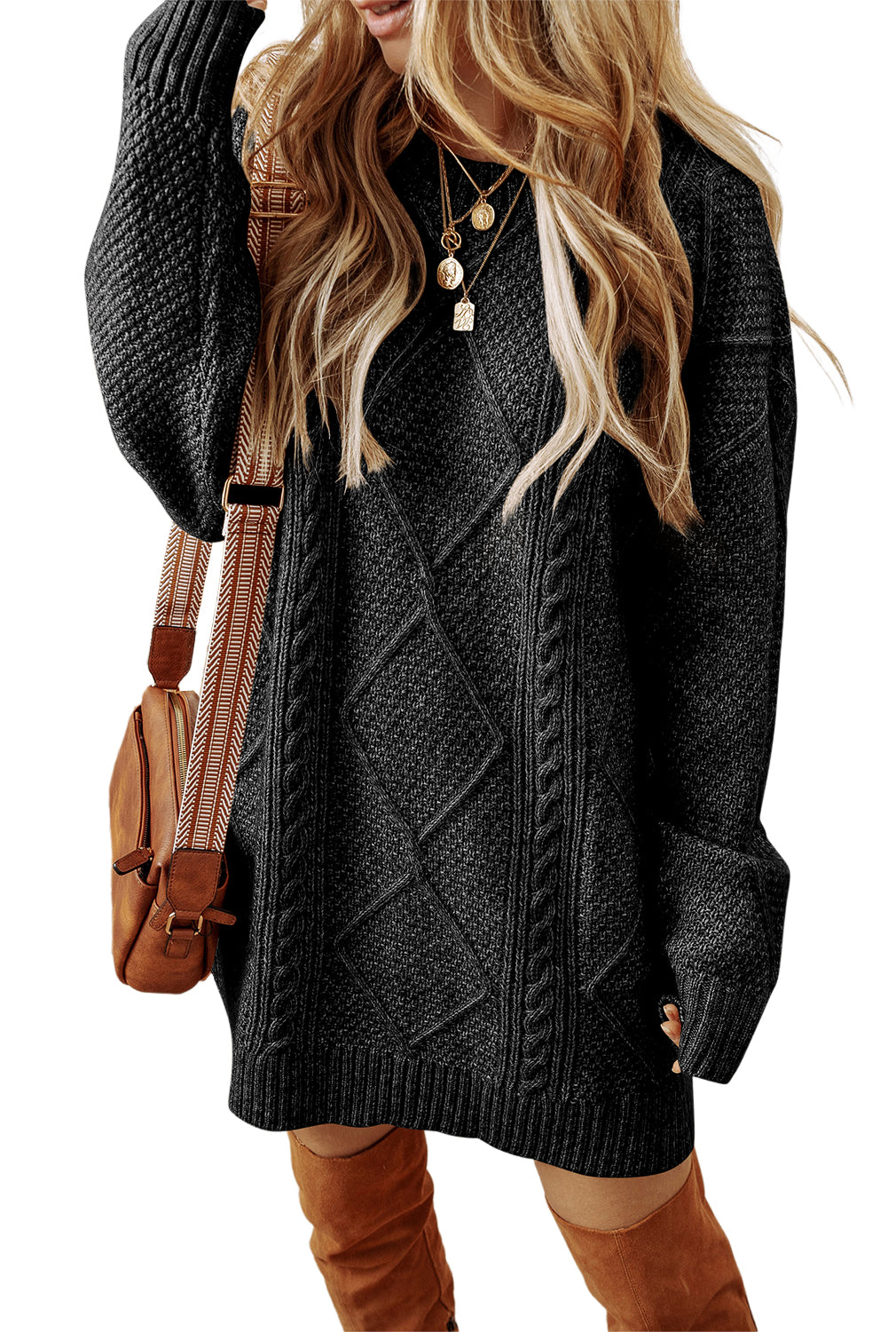 Mommas Hive mist green cable knit sweater dress with drop shoulder, loose fit, made of polyester, ideal as a cozy sweater dress.