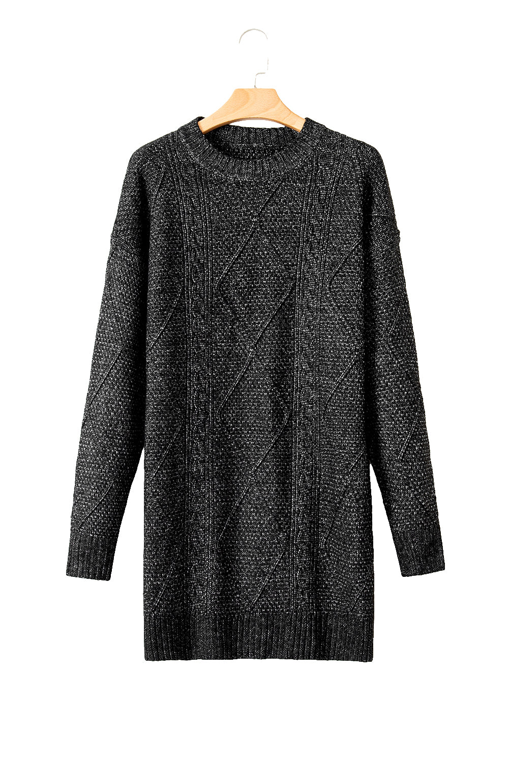 Mommas Hive mist green cable knit sweater dress with drop shoulders, loose fit, and long sleeves. Soft polyester sweater dress.