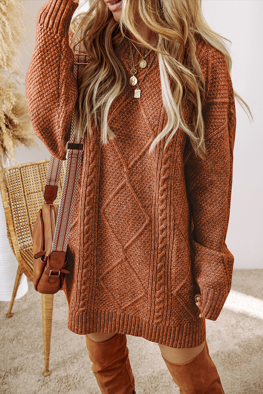 Mommas Hive mist green cable knit drop shoulder sweater dress with loose fit, made from polyester, ideal for cozy casual wear.