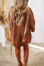 Mist green cable knit sweater dress by Mommas Hive featuring drop shoulders and a loose fit, perfect for casual wear.