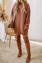 Mommas Hive mist green cable knit sweater dress with drop shoulder, loose fit, made of polyester, perfect for cozy style.