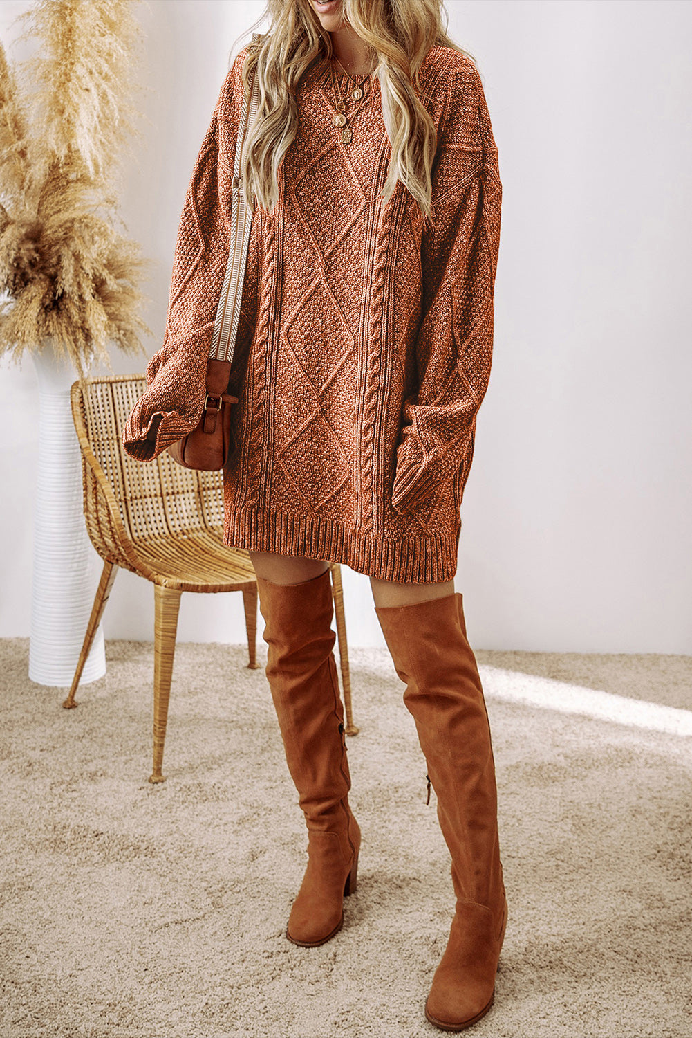 Mommas Hive mist green cable knit sweater dress with drop shoulder, loose fit, made of polyester, perfect for cozy style.