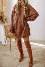 Mommas Hive mist green cable knit drop shoulder sweater dress with loose fit, polyester fabric, ideal for cozy winter wear.