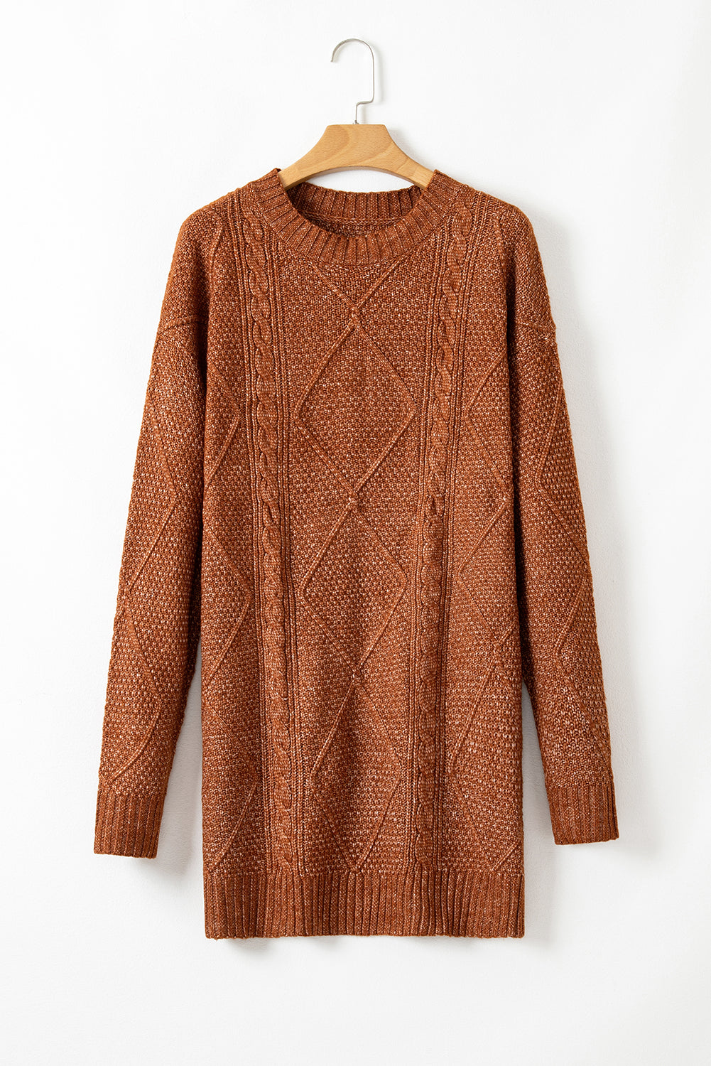 Mommas Hive mist green cable knit drop shoulder sweater dress with loose fit, made from polyester, perfect for casual wear.