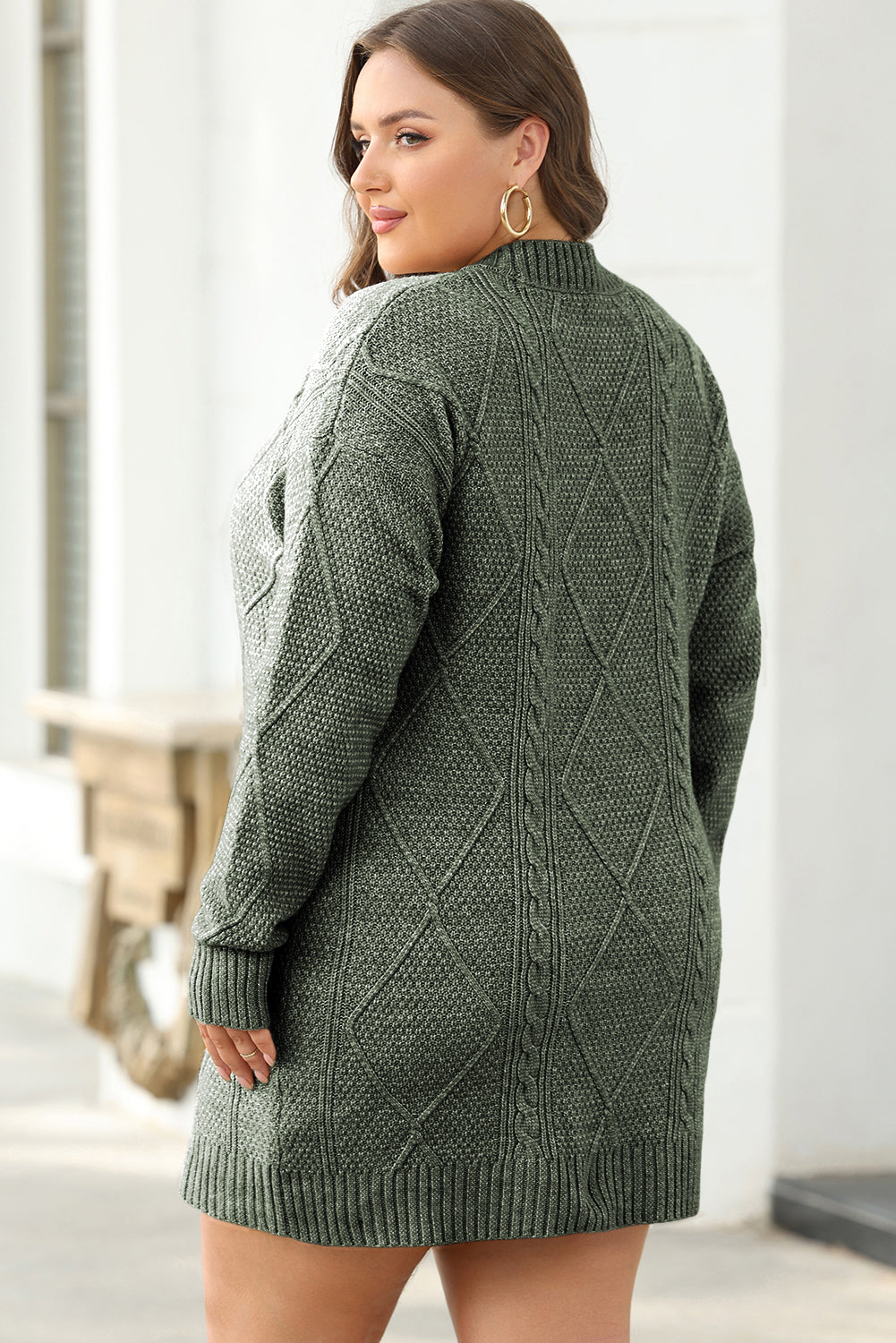 Mommas Hive mist green cable knit sweater dress with drop shoulder, loose fit, made from polyester, perfect for cozy winter styles.