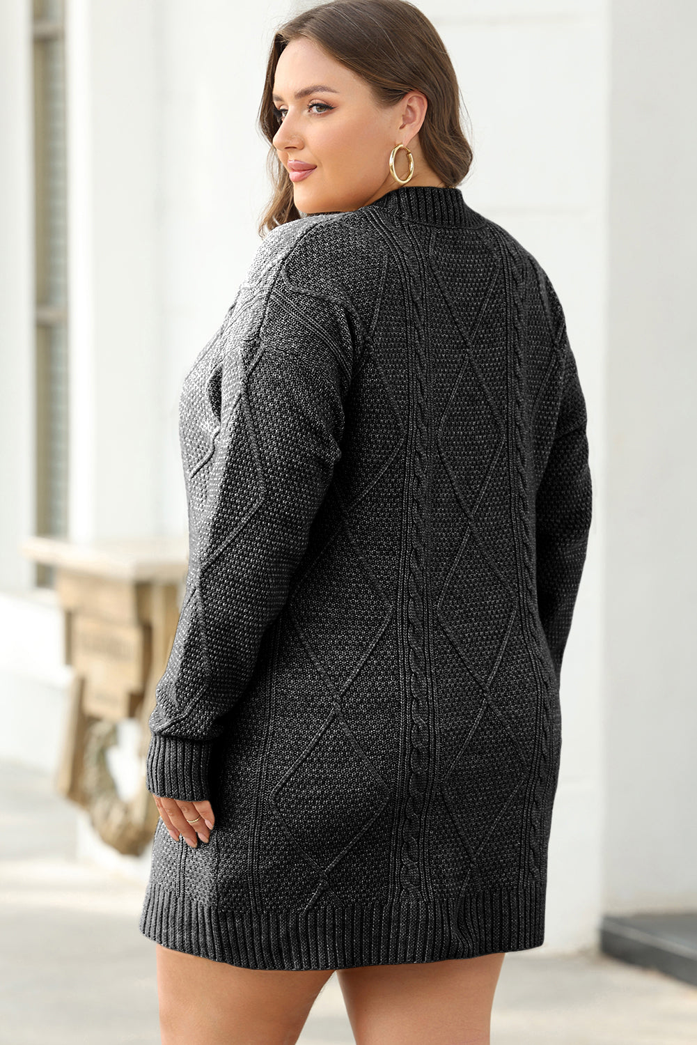Mist green cable knit sweater dress by Mommas Hive with drop shoulder, loose fit, and cozy sweater dress style.