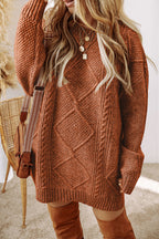 Mommas Hive mist green cable knit sweater dress with drop shoulders and loose fit, made from polyester, perfect for casual wear.