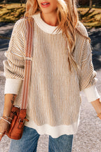 Striped textured knit loose sweater with contrast edge in chestnut color by Mommas Hive, featuring a relaxed fit and cozy design.
