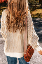 Chestnut striped textured knit loose sweater by Mommas Hive with contrast edge, casual and cozy sweater for women.