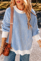 Striped textured knit loose sweater with contrast edges from Mommas Hive, in chestnut color, made of soft polyester fabric.