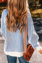 Chestnut-colored striped textured knit loose sweater by Mommas Hive with contrast edge, perfect for casual wear.