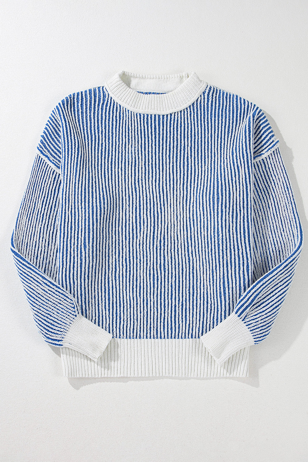 Chestnut striped textured knit loose sweater with contrast edge by Mommas Hive, featuring a relaxed fit and cozy design.