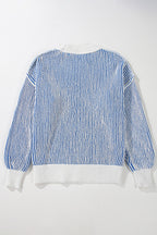 Striped textured knit Mommas Hive loose sweater with contrast edge in chestnut, featuring a relaxed fit and soft polyester fabric.