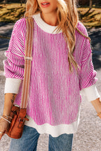 Mommas Hive striped textured knit loose sweater with contrast edge, chestnut color, and relaxed fit, made from polyester.
