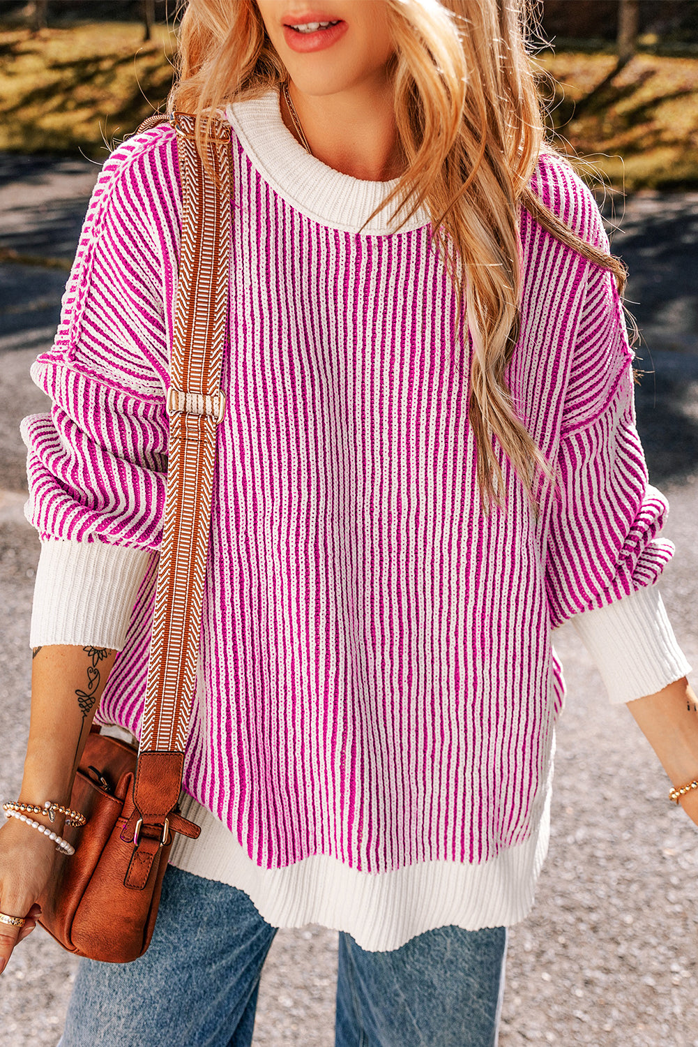 Mommas Hive striped textured knit loose sweater with contrast edge, chestnut color, and relaxed fit, made from polyester.