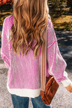 Striped textured knit loose sweater with contrast edge in chestnut color by Mommas Hive, made of polyester, perfect for casual wear.
