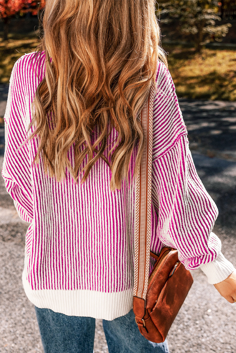 Striped textured knit loose sweater with contrast edge in chestnut color by Mommas Hive, made of polyester, perfect for casual wear.