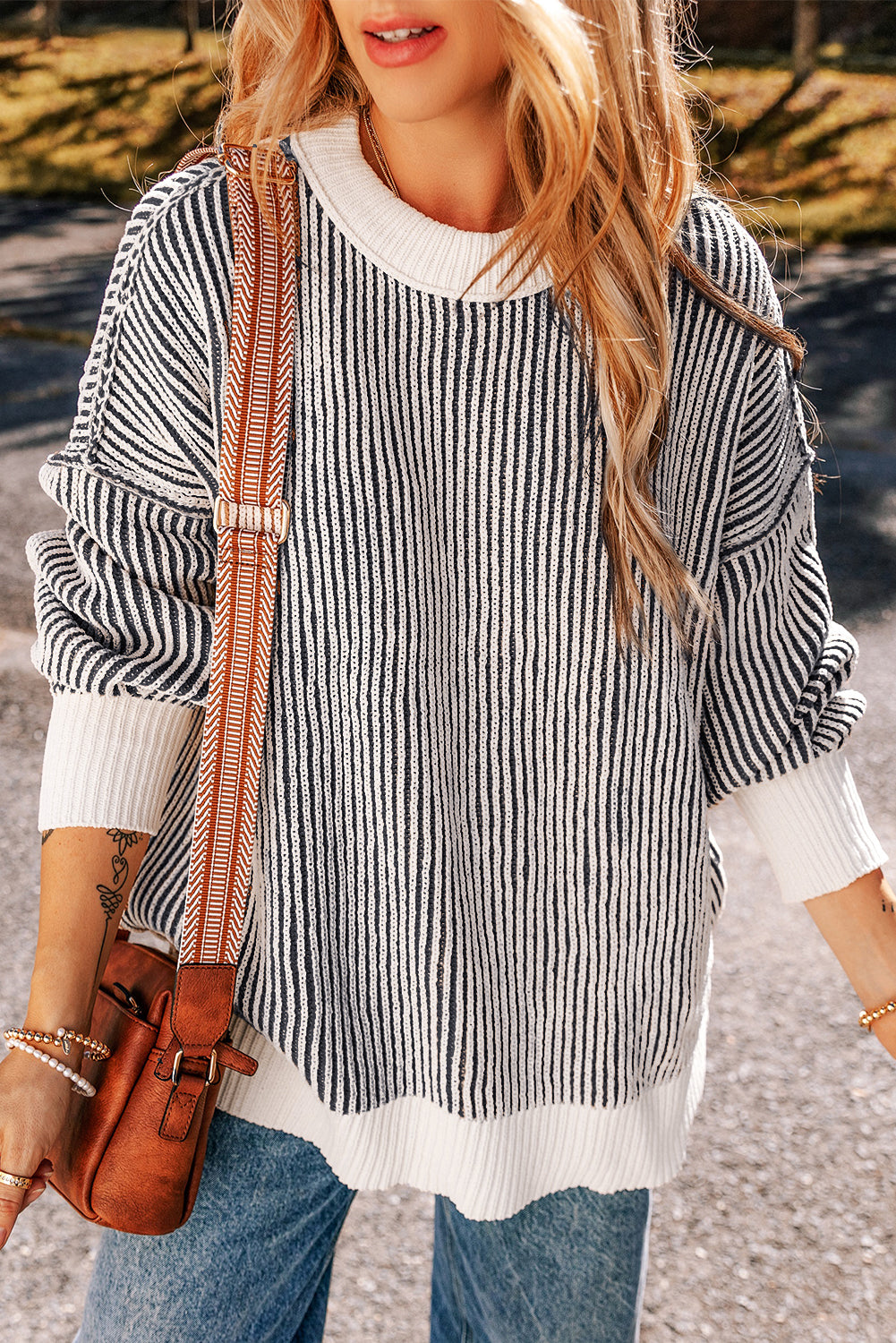 Striped textured knit loose sweater with contrast edge in chestnut color, from Mommas Hive, featuring a relaxed fit.
