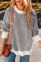 Striped textured knit loose sweater with contrast edge in chestnut color, from Mommas Hive, featuring a relaxed fit.