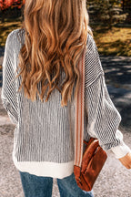 Chestnut striped textured knit loose sweater by Mommas Hive with contrast edge, cozy and stylish for casual wear.