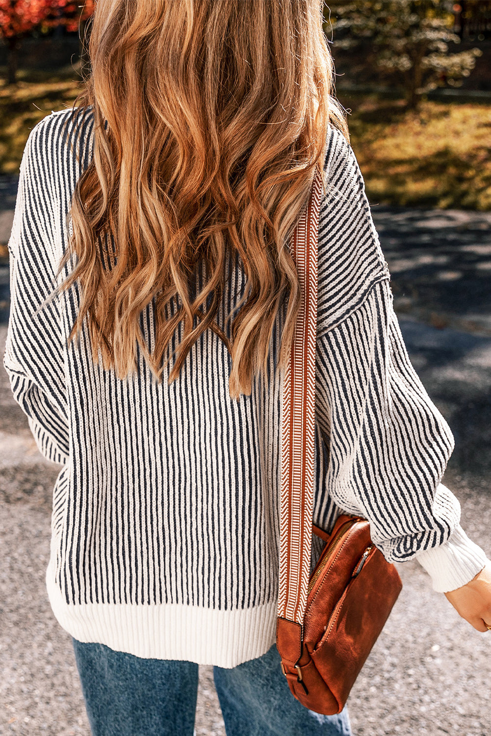 Chestnut striped textured knit loose sweater by Mommas Hive with contrast edge, cozy and stylish for casual wear.