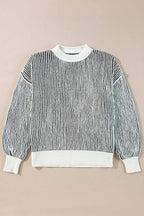 Chestnut-colored striped textured knit loose sweater with contrast edge from Mommas Hive, featuring a relaxed fit and cozy design.