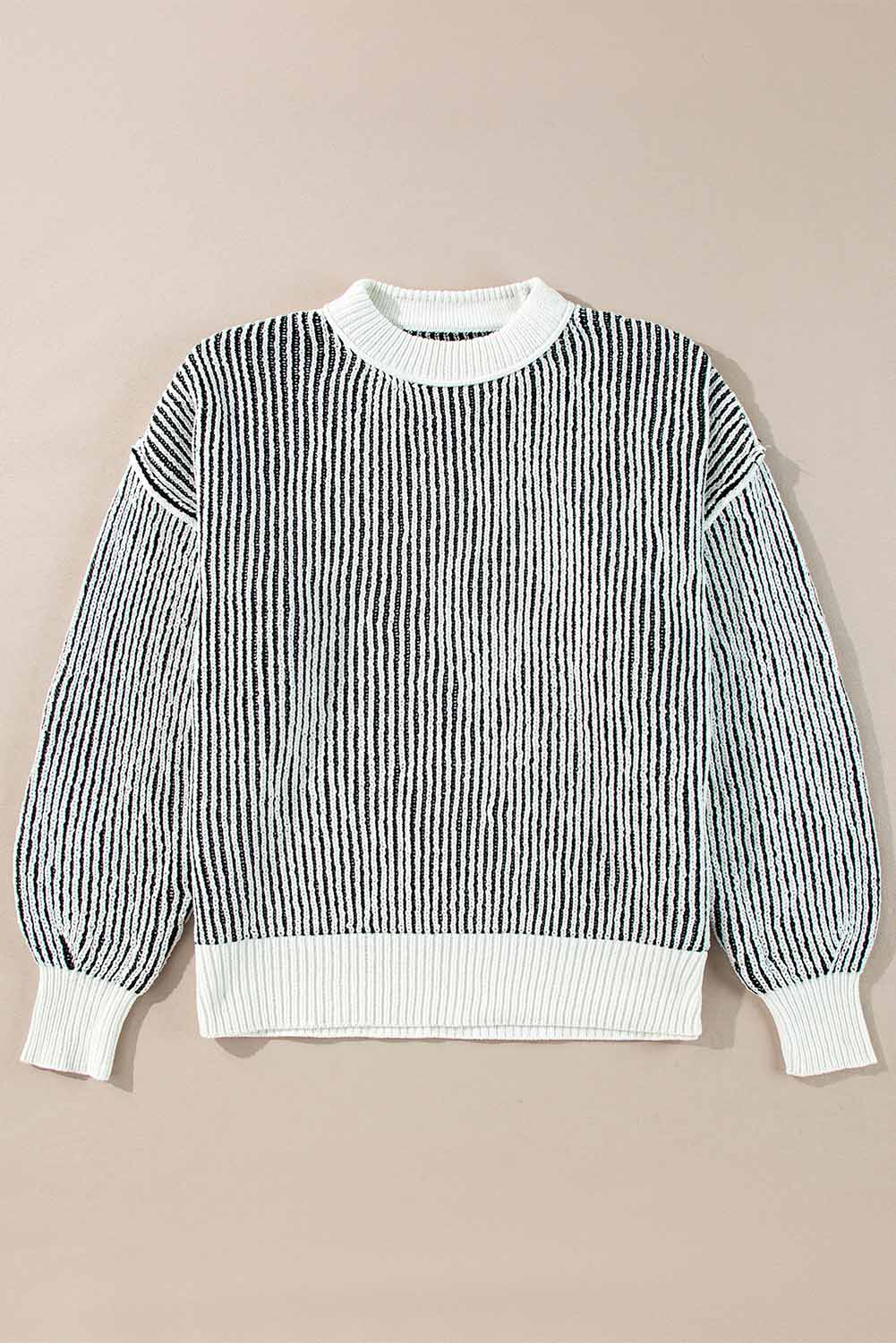 Chestnut-colored striped textured knit loose sweater with contrast edge from Mommas Hive, featuring a relaxed fit and cozy design.
