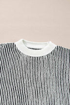 Striped textured knit loose sweater with contrast edge in chestnut color by Mommas Hive, featuring a relaxed fit and cozy design.